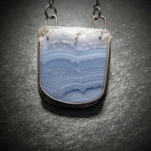 Blue Lace Agate with Raw Crystal Edge Sterling Silver Pendant Necklace