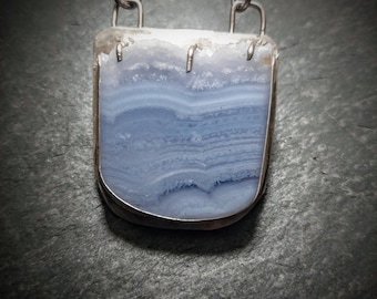 Blue Lace Agate with Raw Crystal Edge Sterling Silver Pendant Necklace