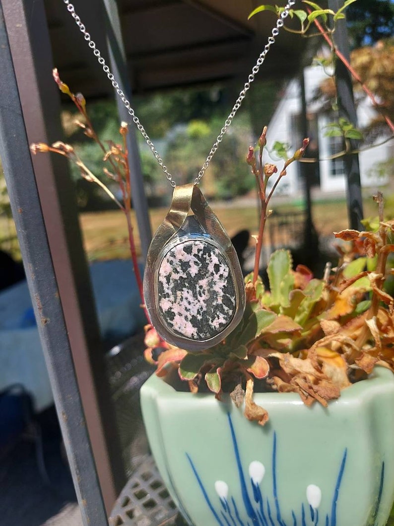 Rhodonite in Sterling and Fine Silver setting with Brass Pendant Necklace image 2