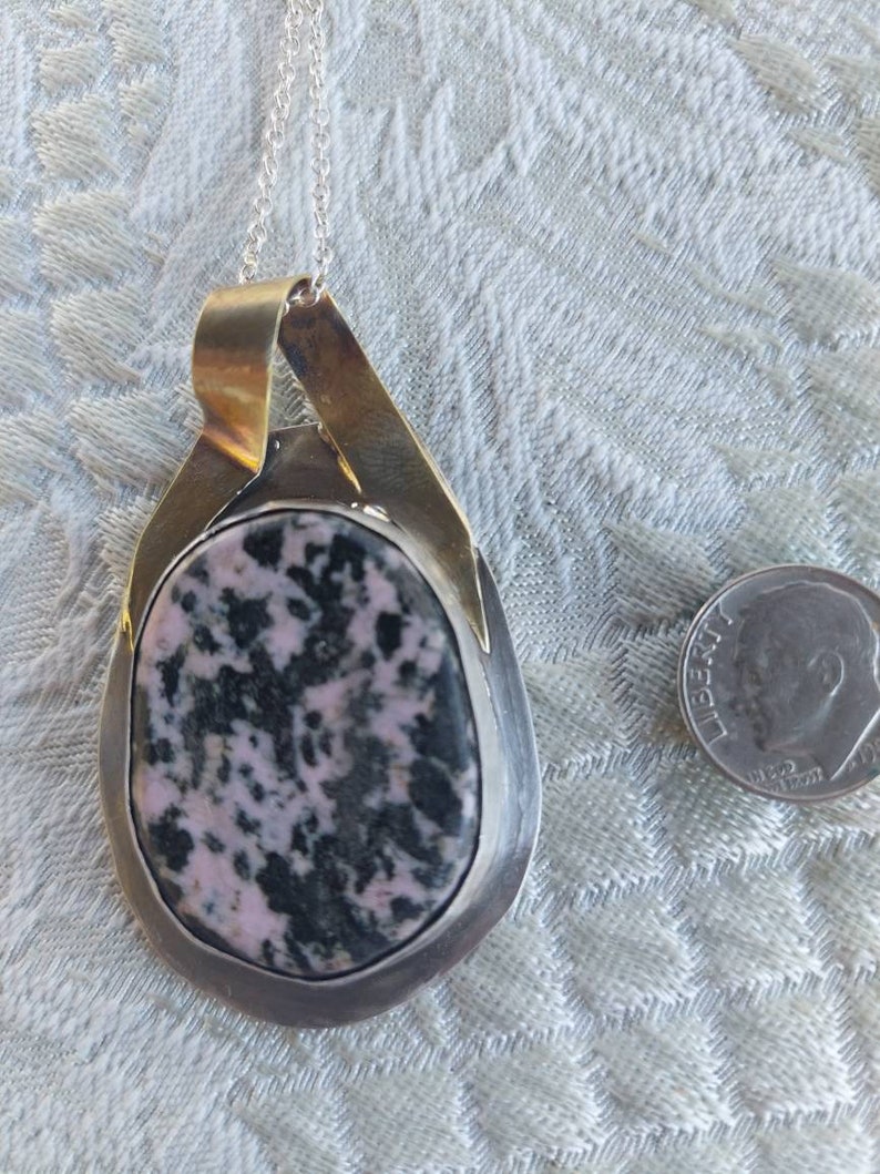 Rhodonite in Sterling and Fine Silver setting with Brass Pendant Necklace image 5