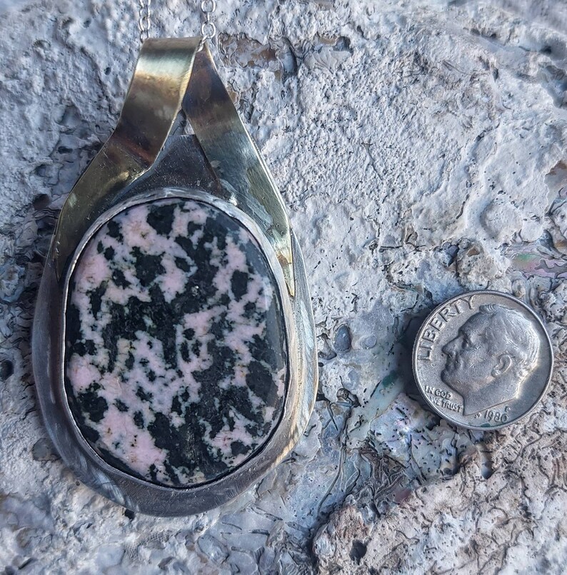 Rhodonite in Sterling and Fine Silver setting with Brass Pendant Necklace image 3