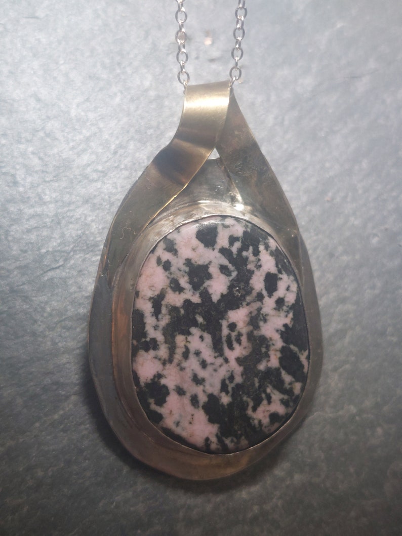 Rhodonite in Sterling and Fine Silver setting with Brass Pendant Necklace image 4