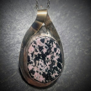 Rhodonite in Sterling and Fine Silver setting with Brass Pendant Necklace image 1