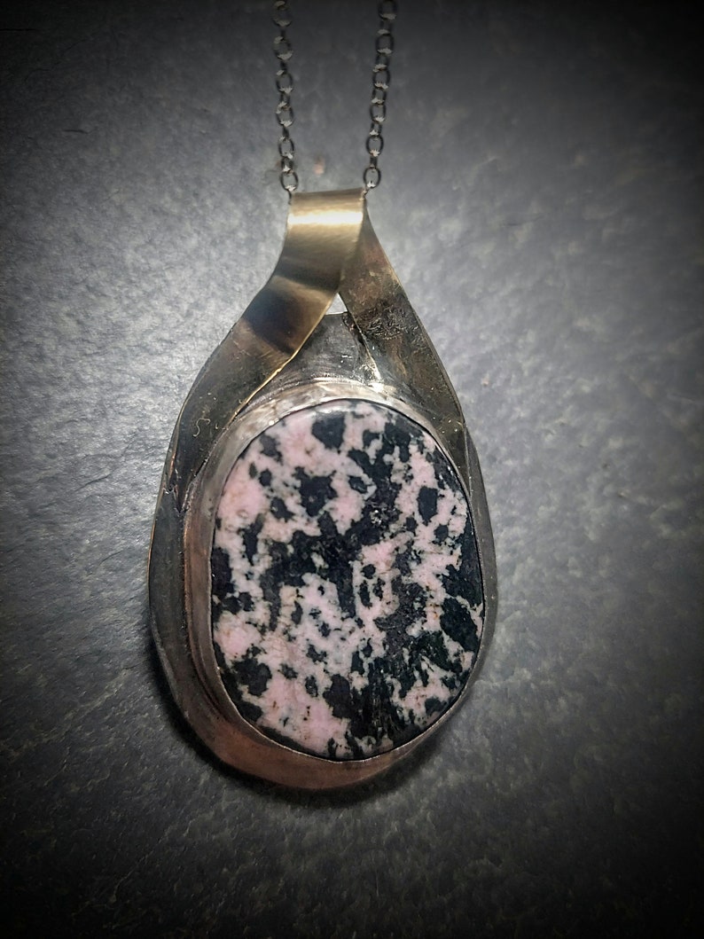 Rhodonite in Sterling and Fine Silver setting with Brass Pendant Necklace image 1