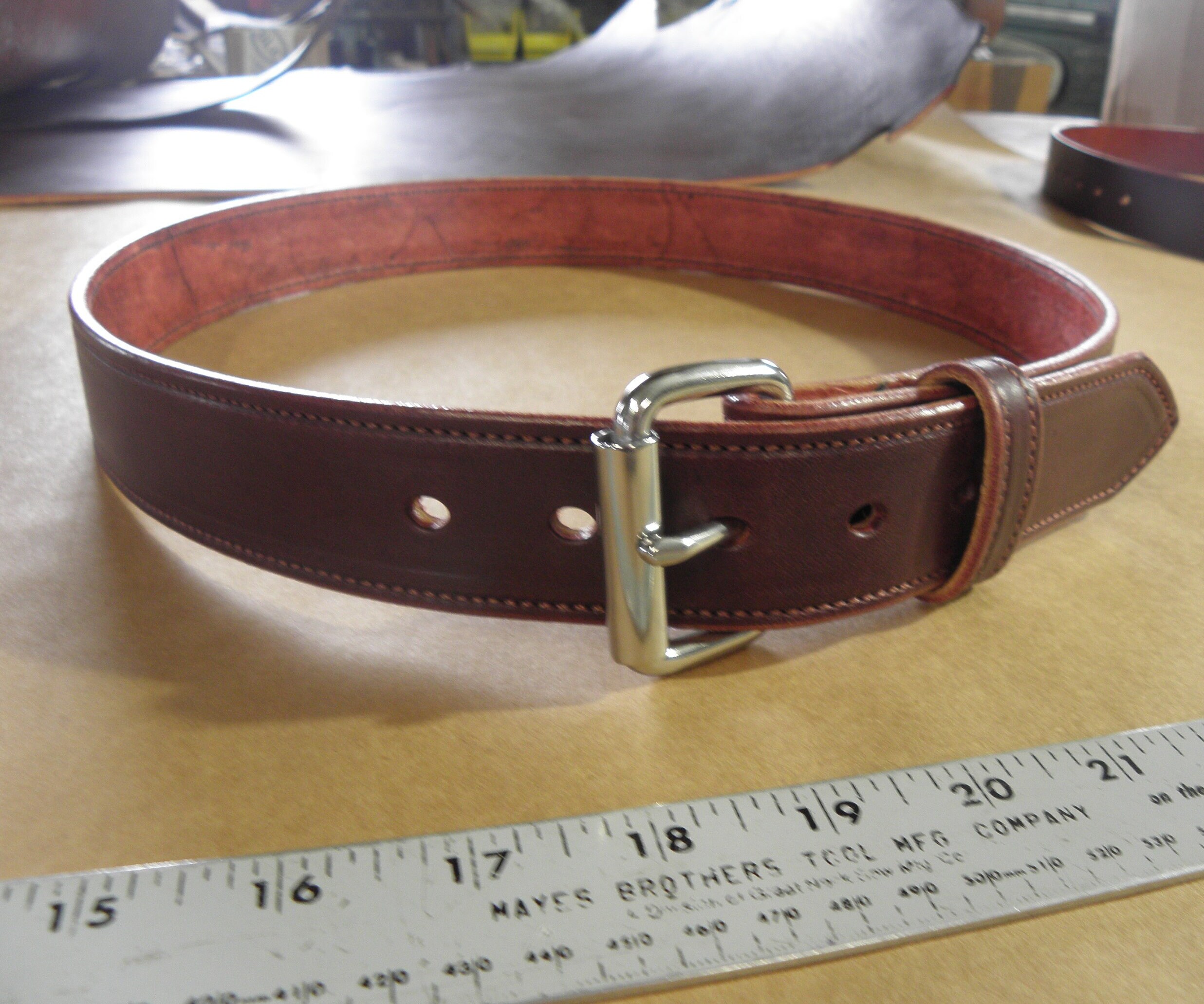 Stitched Burgundy Handmade Leather Belt, 100% Full Grain