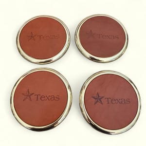 Texas Engraved  Leather Inlay and Brass Coasters, set of 4, Lone Star State Gift