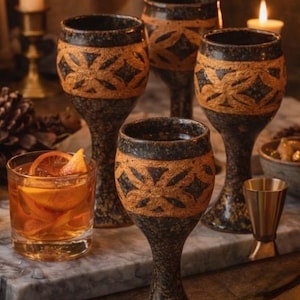 May include: A collection of handcrafted ceramic wine glasses with a speckled dark brown base and a decorative band of geometric patterns in a lighter brown color. A cocktail with orange slices sits in a glass next to the wine glasses.