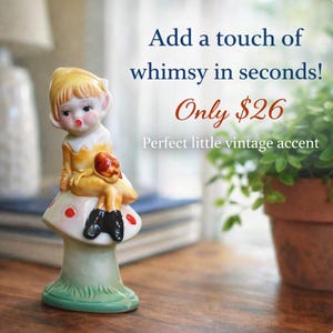 Vintage Ceramic Pixie Elf Figurine: Yellow Gold Mushroom Decor