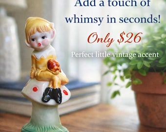 Vintage Ceramic Pixie Elf Figurine: Yellow Gold Mushroom Decor