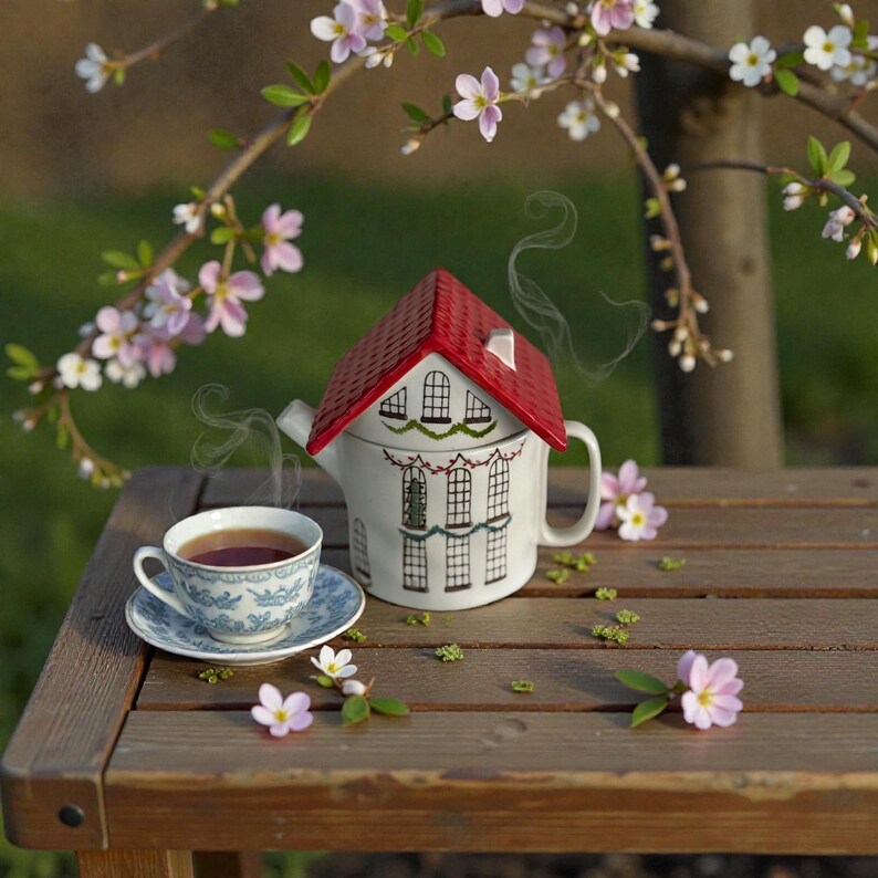 K&ouml;nnte beinhalten: Eine skurrile Teekanne in Form eines Hauses mit rotem Dach und wei&szlig;en W&auml;nden, verziert mit Fenstern. Eine passende Tasse und Untertasse stehen auf einem Holztisch, Dampf steigt aus Kanne und Tasse auf. Rosa Bl&uuml;ten und Blumen umgeben die Szene.