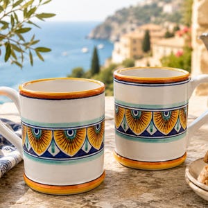 Set of 2 Deruta Italy Geometrico Peacock Tail Mugs, Hand Painted Italian Majolica Coffee Cups, Signed Franco Mari Pottery, 12 oz