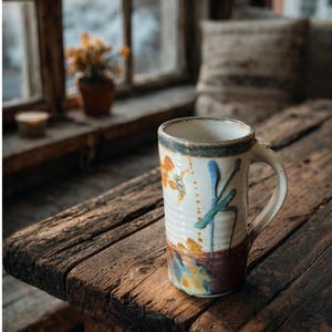 May include: A tall, cylindrical ceramic mug with a cream-colored base, featuring a textured surface and a handle. The mug is decorated with abstract painted accents in shades of blue, orange, and deep red, with a dark, speckled rim at the top.