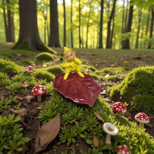 Vintage Lefton Pixie Elf Figurine on Red Leaf – Mid Century Ceramic Knick Knack, Whimsical Fairy Decor