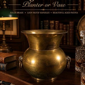 May include: A solid brass planter or vase featuring a wide, flared rim, a rounded body, and two side handles shaped like lion heads with rings. The metal surface displays a dark, aged patina with visible green oxidation near the base.