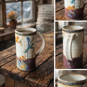 May include: A ceramic mug with a cream-colored body, adorned with orange and blue floral designs and a dark brown base. The mug has a curved handle and is filled with a hot beverage. The text "January mornings, gently arriving" is visible.