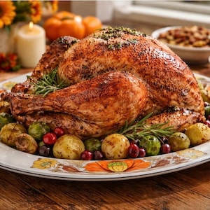 May include: A roasted golden-brown whole turkey served on a large oval ceramic platter decorated with orange and yellow floral patterns. The turkey is surrounded by roasted potatoes, green Brussels sprouts, fresh cranberries, and sprigs of rosemary.