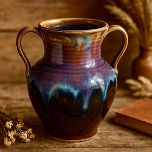 May include: A ceramic vase with two handles, featuring a glossy glaze in shades of deep purple, dark blue, and brown. The surface displays a distinctive drip pattern where the blue glaze cascades over the darker base, creating a smooth finish.