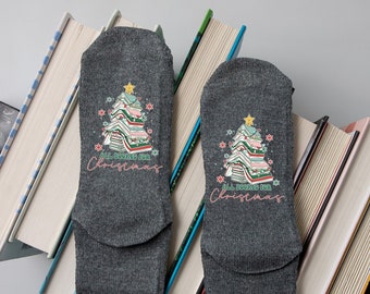 Book Socks.  Christmas Tree All Booked for Christmas Gift for Book Club.  All I Want For Christmas is Books.  Women's Socks. Merry Bookmas