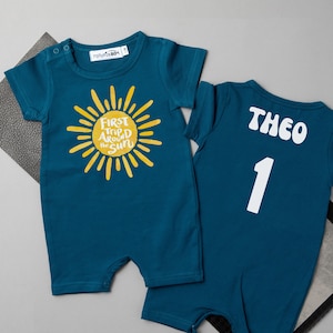 First Trip Around the Sun Personalized Shorts Slim Fit 1st Birthday Romper. Sunshine First Birthday Outfit. Summer.  Outer Space Theme.