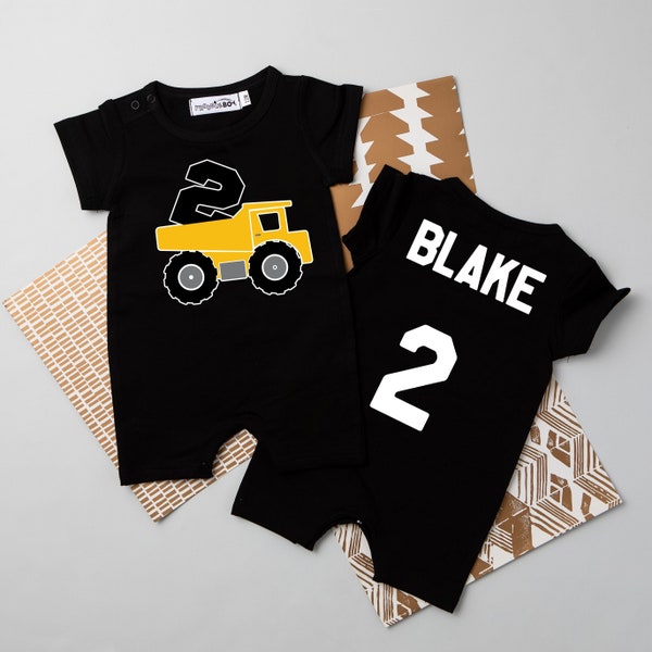 Construction 2nd Birthday Personalized Romper.  Shorts Dump Truck Second Bday.  Shorts Outfit for Toddler Boys. 2 Years Old.