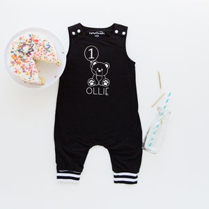 Teddy Bear and Balloon First Birthday Romper with Striped Cuff.  Personalized 1st Birthday Outfit. Baby Boy Girl 1st Birthday. Beary First