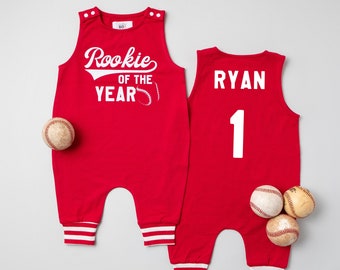 Rookie of the Year Red Romper with Striped Cuff.  Baseball Shirt. Baby Boy 1st Birthday. Sport Themed Party Outfit. Baby Boy.  Navy, Black