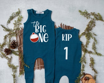 The Big One Personalized Fishing Themed Sleeveless 1st Birthday Outfit.  Boy's First Birthday Romper.  Gone Fishing Bobber Shirt.