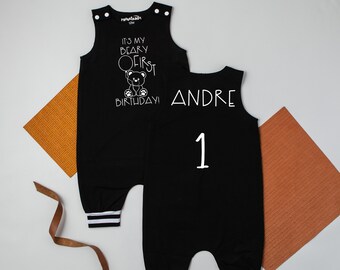 Beary First Birthday Romper: Striped Cuff 1st Birthday Outfit