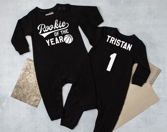 Rookie of the Year Basketball Long Sleeved Personalized 1st Birthday Romper. Basketball First Birthday Outfit.  Baby Baller.  Hoops.