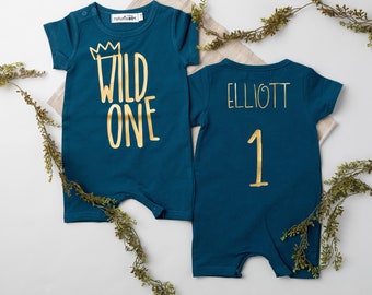 Wild One Crown Shorts Slim Fit Romper. First Birthday Romper. Short Sleeve. One Birthday Boy. 1st Birthday. Gold. Where The Wild Things Are.