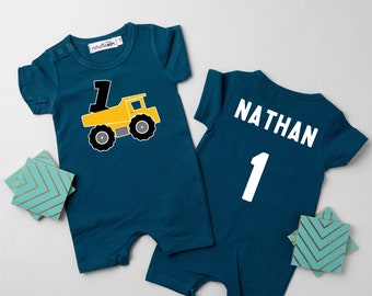 Construction 1st Birthday Personalized Romper.  Shorts Dump Truck First Bday.  Shorts Outfit for Toddler Boys. 1 Year Old. One