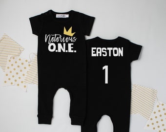 Notorious One Crown Slim Fit Romper. Black First Birthday Romper. Short Sleeve. One Birthday Boy. 1st Birthday. Gold. Hip Hop Birthday