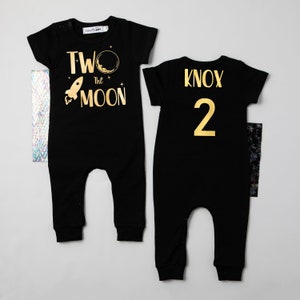 Two the Moon 2nd Birthday Romper: Black and Gold Space Explorer