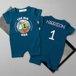 The Big One Personalized Shorts Slim Fit 1st Birthday Romper. Surfing Themed First Birthday Outfit. Summer Surf and Sun.  Palm Trees.