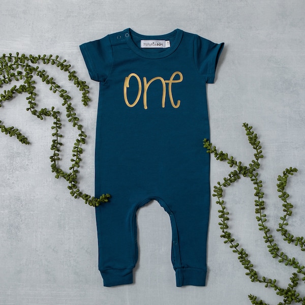 1st Birthday One Outfit. Slim Fit Aegean Blue Short Sleeve First Birthday Romper. One. Baby Boy 1st Birthday. One Baby Boy Birthday Outfit.