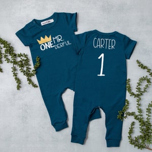 Mr Onederful Crown Romper. Aegean Blue Short Sleeve First Birthday Romper. Wild One Birthday Boy.  1st Birthday.  Onederful One