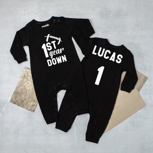 Football First Birthday Romper: 1st Year Down Personalized Long Sleeve Outfit