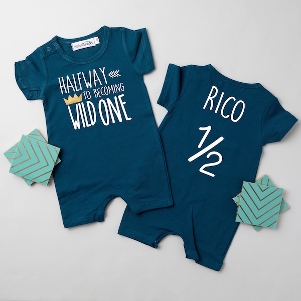 Halfway to Becoming Wild One Birthday Shorts Slim Fit Romper. 1/2 Birthday Romper. Short Sleeve. Birthday Boy. Half Birthday Party. Gold.