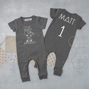 My Beary First Birthday Slim Fit Romper. Aegean Blue Black First Birthday Personalized Outfit. Short Sleeve. Teddy Bear and Balloon