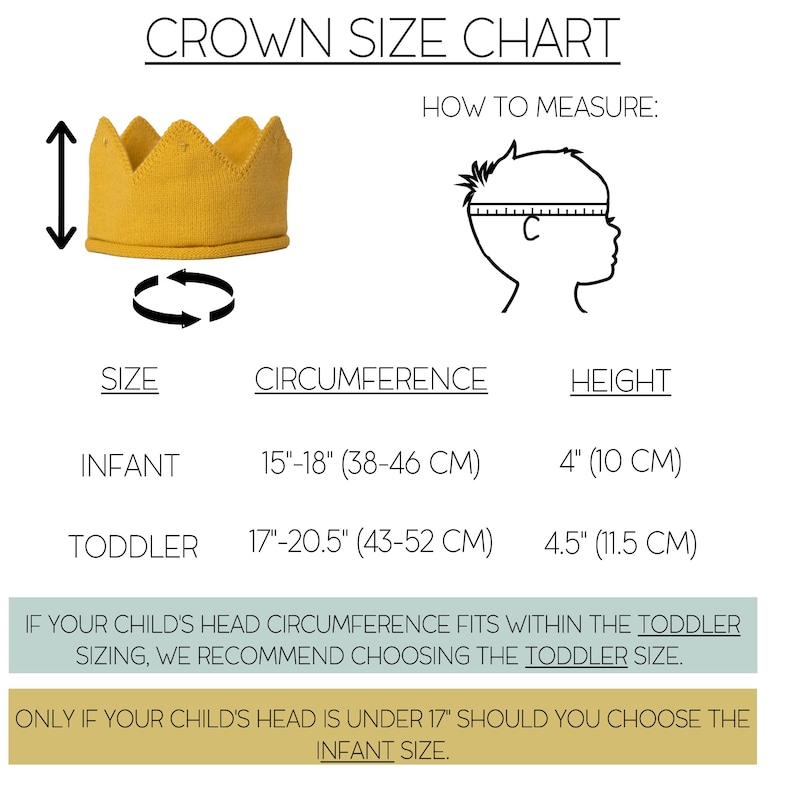 May include: A chart showing crown sizes for infants and toddlers. The chart includes measurements in inches and centimeters for head circumference and height. It also includes a diagram showing how to measure a child's head.