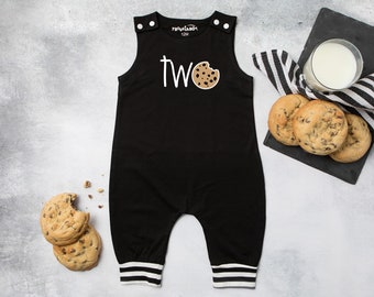 Two Cookie Personalized Striped Cuff 2nd Birthday Romper. Second Birthday Outfit. Birthday Boy.  Chocolate Chip Cookie. Cookies and Milk