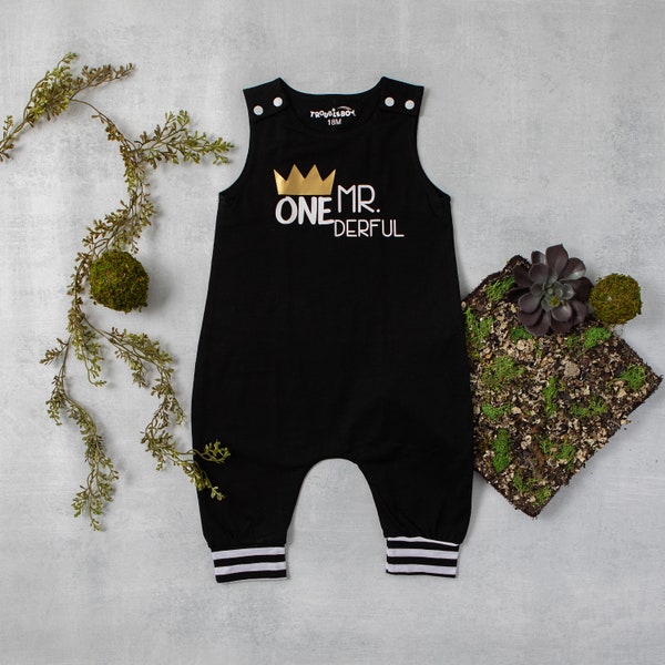 Mr Onederful Personalized Black Romper with Striped Cuff. 1st Birthday Outfit. Mr Onederful Shirt.  Baby boy outfit. First Birthday