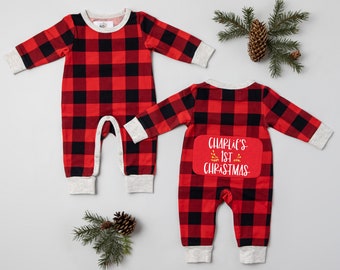 Buffalo Plaid Baby 1st Christmas Outfit Personalized 2025 Holiday Romper Infant Gift