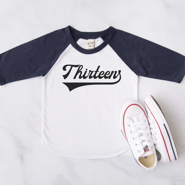 Thirteen Birthday Number Baseball Shirt. Personalized Baseball Raglan T-Shirt. Sports Birthday Tee. Sport Themed Birthday. Red. Navy. Black.