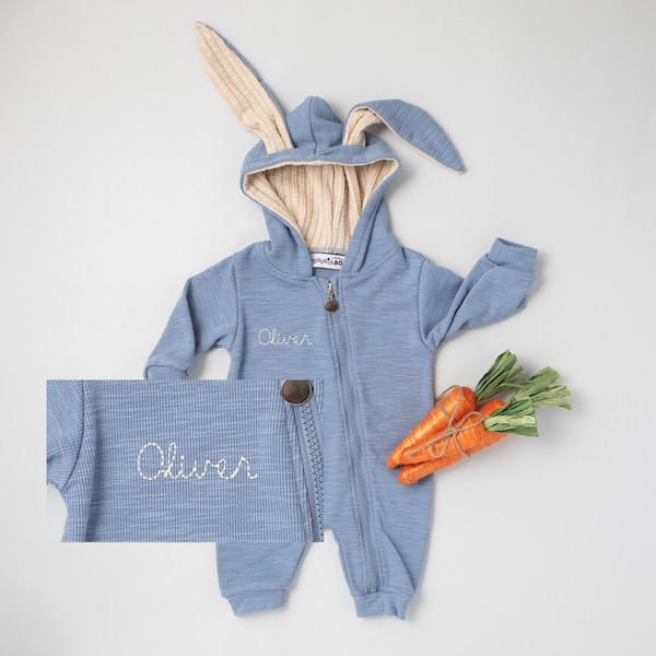 Personalized Embroidered Blue Easter Romper with Bunny Ears.  Easter Egg Hunt Outfit for Boys or Girls. 1st Easter Gift. Baby's First Easter