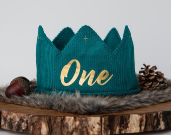 First Birthday Personalized Teal Crown for Boys. 1st Birthday Knit Crown.  Gold Crown.  Wild one.  Wild Rumpus. Mr Onederful.  Personalized.