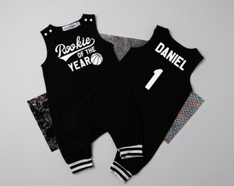 Rookie of the Year Basketball Personalized 1st Birthday Romper with Striped Cuff.  Basketball First Birthday Outfit.  Baby Baller.