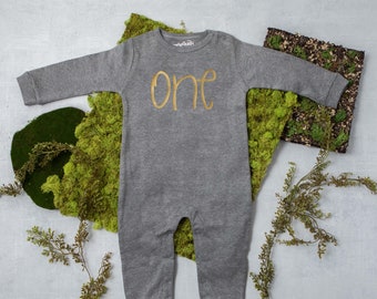 One Long Sleeved Personalized Romper for Baby's 1st Birthday . Gray and Gold One B Day Outfit . Winter Birthday Shirt. First Birthday .