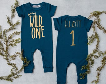 Wild One First Birthday Personalized Romper: Aegean Blue Slim Fit, Gold Crown