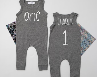 1st Birthday Gray Sleeveless Outfit. First Birthday Romper. One Shirt. Baby Boy 1st Birthday. One Baby Boy Birthday Outfit.